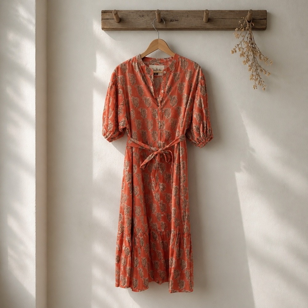 Fox & Hen Coral  Paisley Block Print Midi Shirtdress Puff Sleeve Medium NWOT